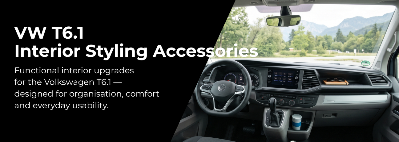 VW T6.1 interior styling accessories with dashboard and storage upgrades