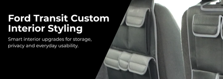 Ford Transit Custom interior with storage solutions and window curtains