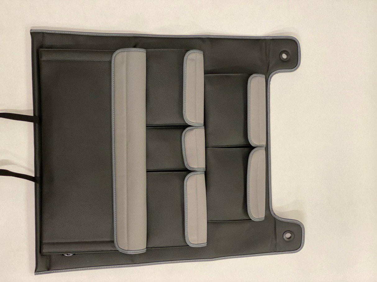 Organizer per sedile posteriore doppio in similpelle per camper VW T6 / T6.1 Transporter (nero con coperchi grigi)